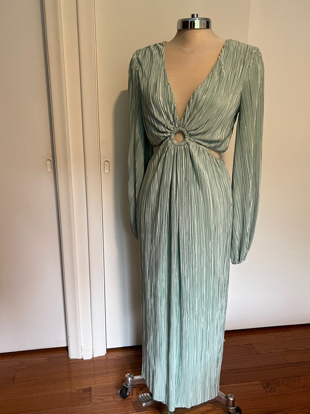 Ronny Kobo Collection Sage Green Long Sleeve Midi Dress with Ring Detail